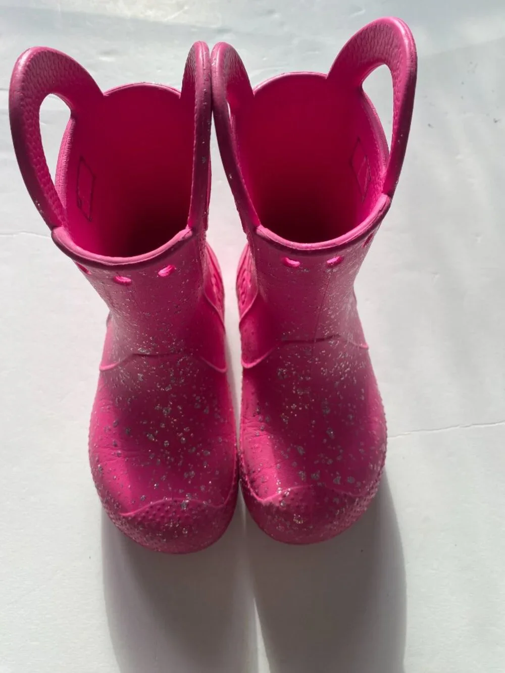 CROCS Handle It, pink and silver glitter rain boots, girl's size C 10, EUC